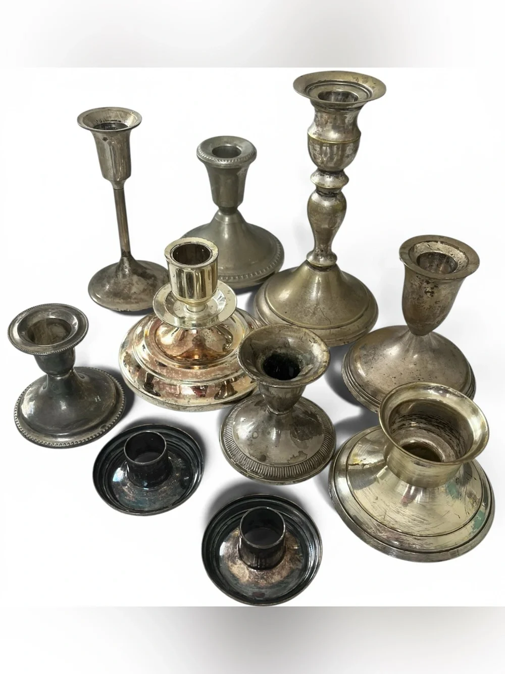 Silverplate Candlestick Lot Nine Silver Plated Candle Holders